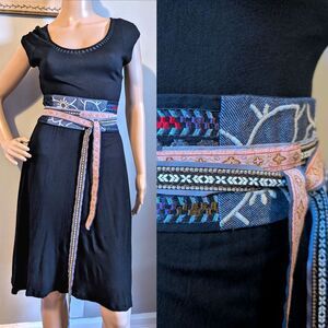 Anthropologie A Common Thread Obi Black Midi Dress Belted Lagenlook Size P